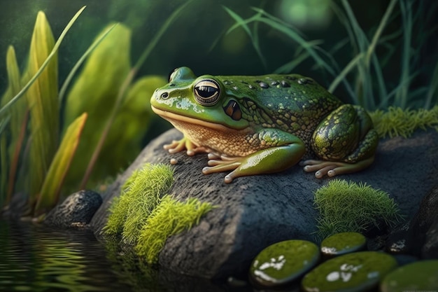 Grenouille verte sur pierre dans la forêt assise dans l'herbe créée avec une IA générative