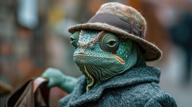 Une grenouille verte portant un chapeau et un manteau