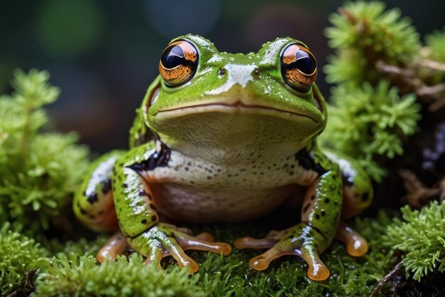 La grenouille verte vibrante sur la mousse