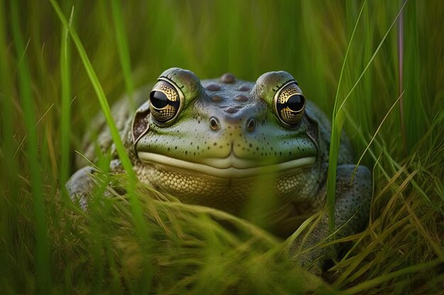 Grenouille verte volumineuse dans l'herbe avec une peau brillante et une bouche ouverte créée avec une IA générative