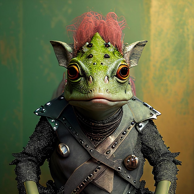 Une grenouille avec une veste verte et des cheveux roses porte un costume de grenouille verte.