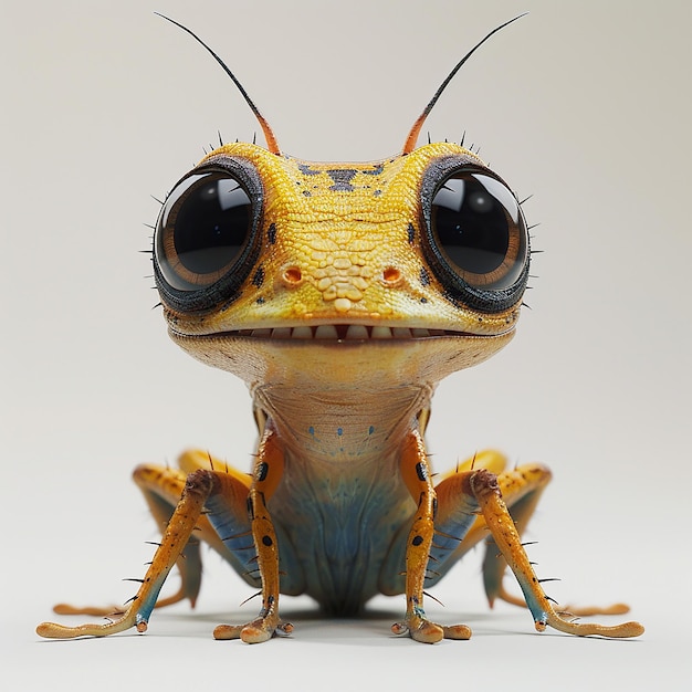 une grenouille avec un visage jaune et des yeux et un œil noir