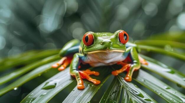 La grenouille à yeux rouges de l'Amazonie capturée par la caméra sous une palme