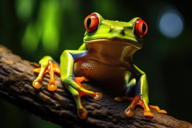 Une grenouille à yeux rouges sur une branche