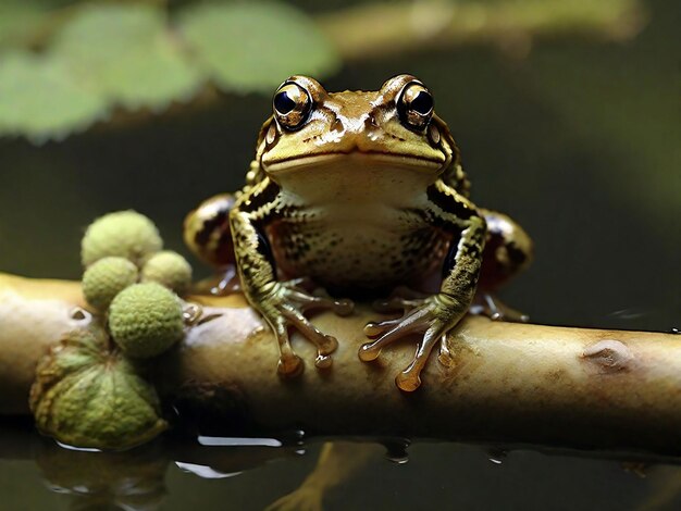 Des grenouilles assises sur une branche d'arbre