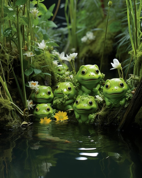 Des grenouilles dans un étang avec des fleurs.