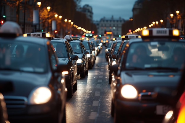 Photo grève des taxis en europe la rue de la ville est encombrée de voitures au crépuscule.