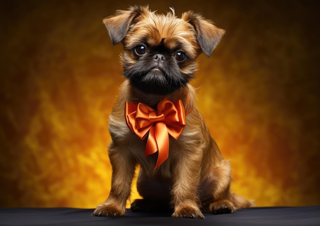 Un Griffon de Bruxelles posant avec un ruban Best in Show fier et victorieux