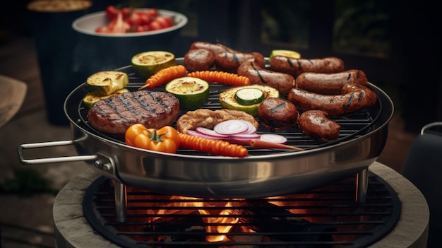 Un gril avec divers aliments dessus et un gril avec un feu en arrière-plan