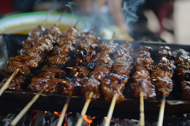 un gril avec de la viande et des brochettes et un feu