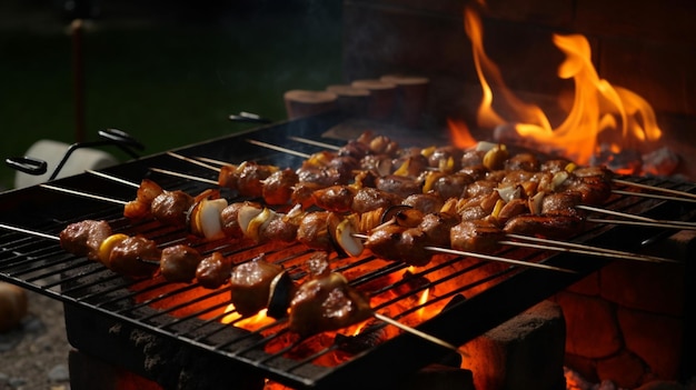 Un gril avec de la viande dessus et le feu en arrière-plan