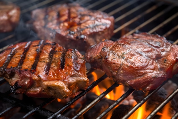 Un gril avec de la viande dessus et des flammes sur le gril