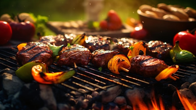 Photo un gril avec de la viande et des légumes cuisinés dessus