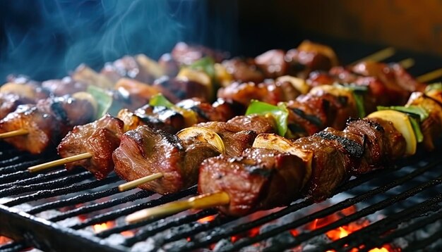 Photo un gril avec de la viande et des légumes cuisinés dessus