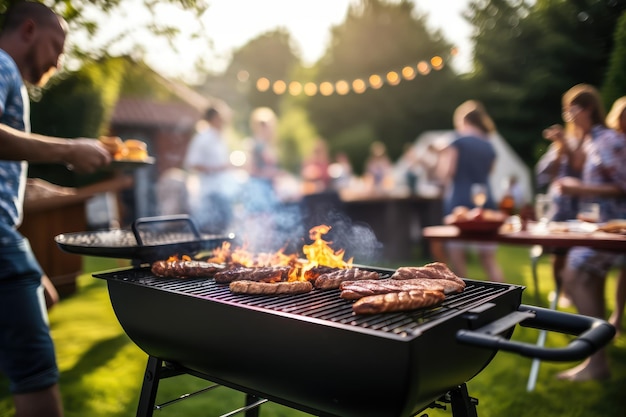 Grill au barbecue pendant la fête dans l'arrière-cour avec un flou