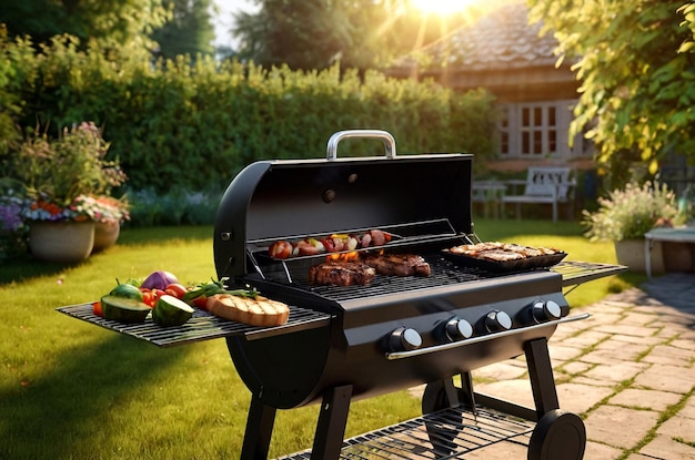 Photo grill au barbecue en plein air dans une maison de jardin de campagne fêtes d'été arrière-plan des vacances grill sur le gril