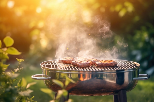 Photo grill au barbecue en plein air avec un fond flou