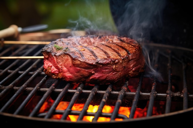 Grill au charbon de bois rouge avec steak sur le dessus