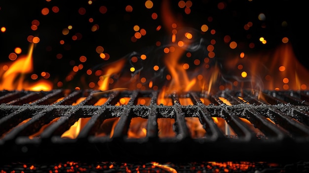 Grill à barbecue portable vide chaud avec feu ardent et charbon de bois sur fond noir