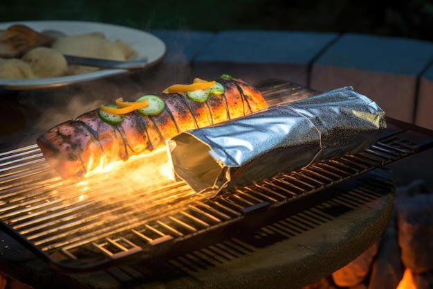 Grill à charbon incandescent avec homard et emballage en feuille créé avec ai génératif