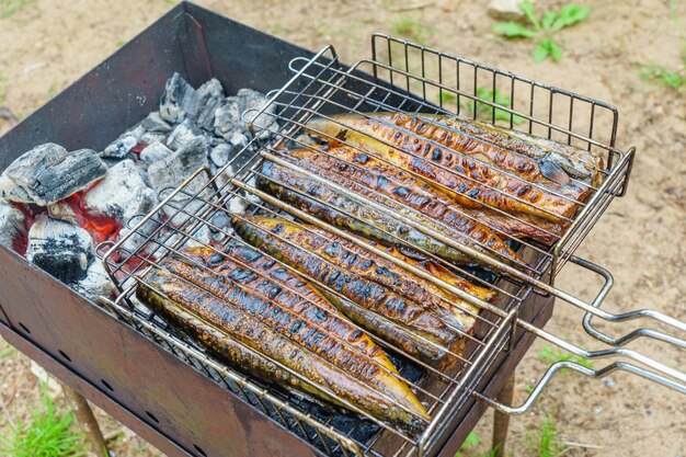 Un grill avec du poisson dessus et le grill est grillé.