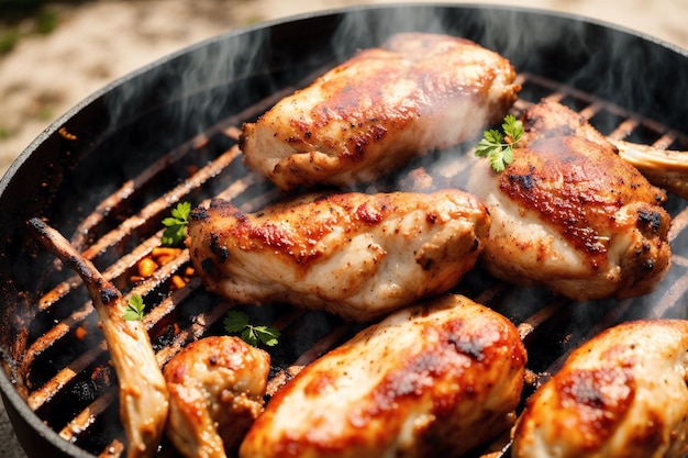 Un grill avec du poulet dessus