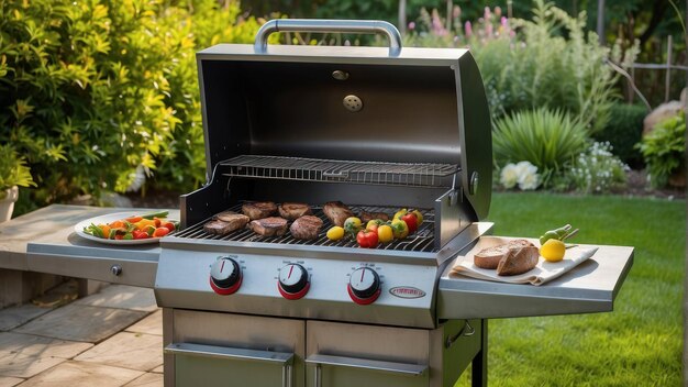 Grill avec des steaks et des légumes dans le jardin