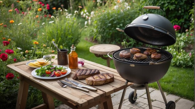 Grill avec des steaks et des légumes dans le jardin