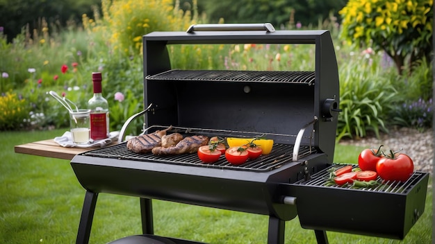 Grill avec des steaks et des légumes dans le jardin