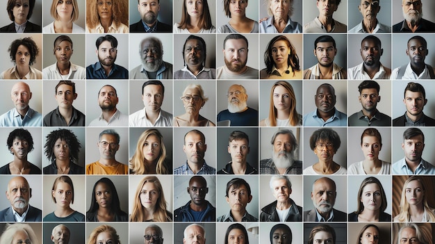 Photo une grille de 30 personnes différentes de tous les âges, races et ethnies. les gens regardent tous la caméra avec des expressions neutres.