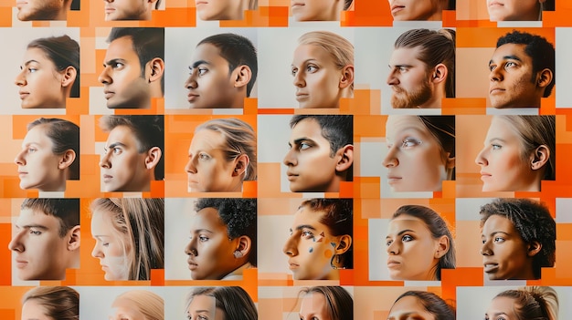 Photo une grille de 30 visages de peuples différents, des visages de différentes ethnies et âges, les gens regardent tous la caméra.