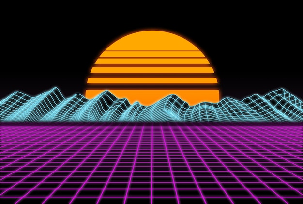 Photo grille 3d des années 80 avec un coucher de soleil des montagnes