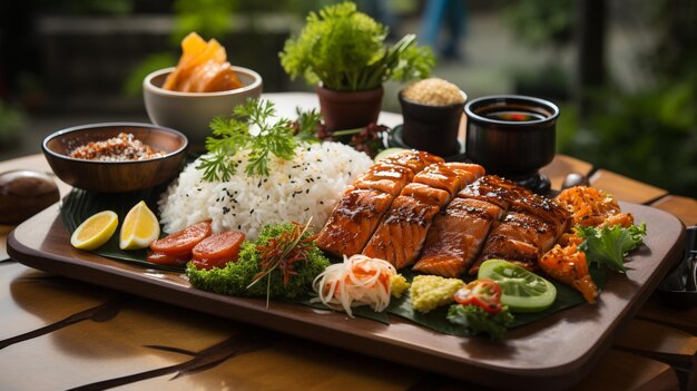 Grille d'anguille japonaise servie avec de la soupe de riz et des légumes