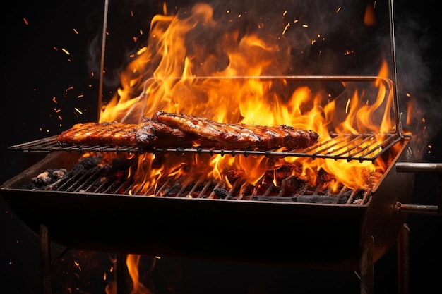 Grille BBQ en acier vide avec feu ardent et fumée contre un fond noir de cuisson