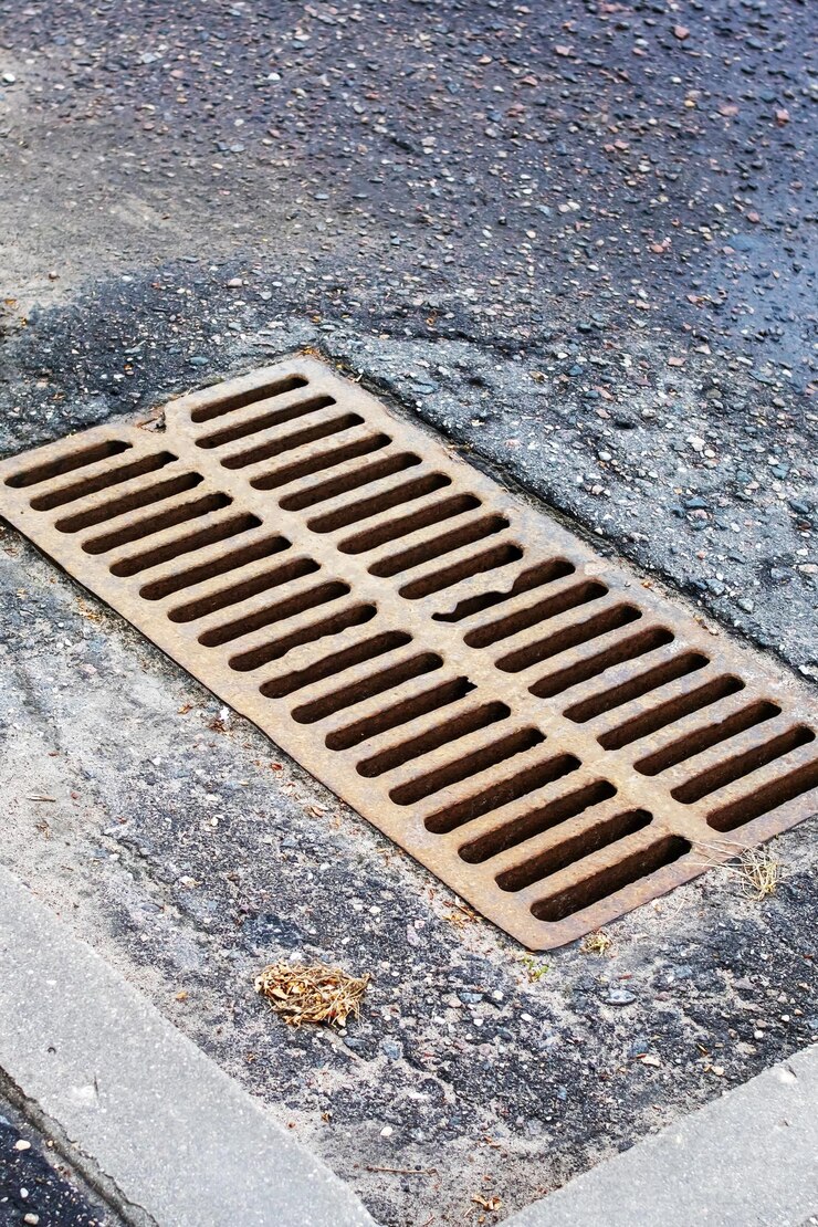 Grille de drainage de pluie sur le gros plan de la route