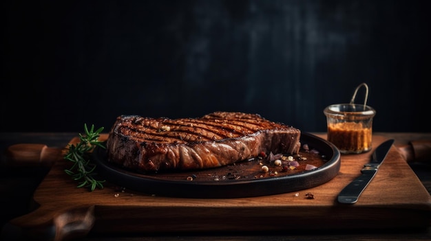 Grillé juteux sur un plateau en bois rustique contre une IA sombre