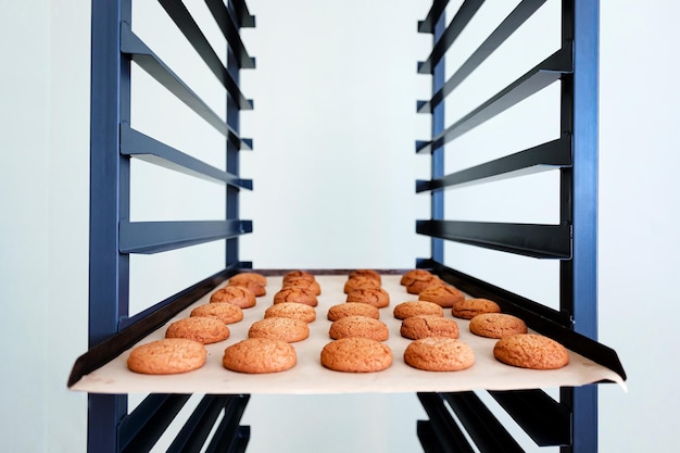 Grille en métal avec des biscuits fraîchement cuits sur fond blanc.