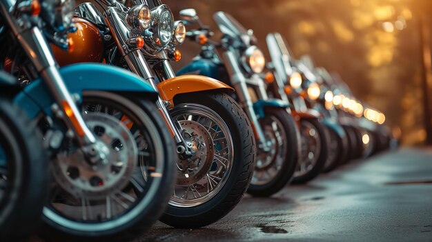 Une grille de motos parallèles les unes aux autres dans une rangée et un grand espace de copie IA générative