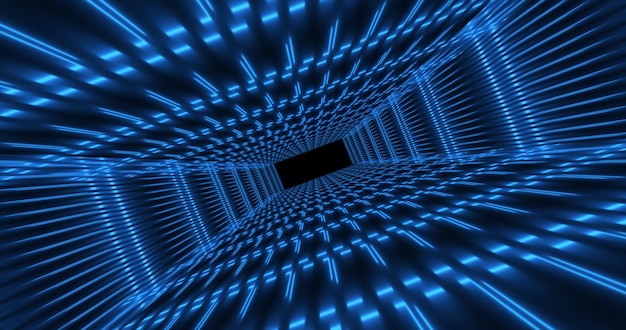 Photo grille rectangulaire carrée tunnel futuriste bleu abstrait de lignes lumineuses au néon belle numérique