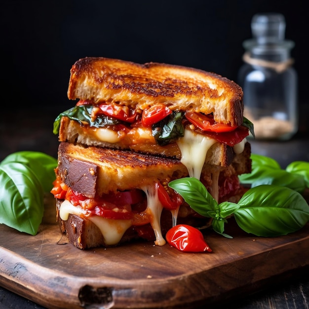 Grilled Cheese Sandwich avec Tomate et Basilic Generative AI