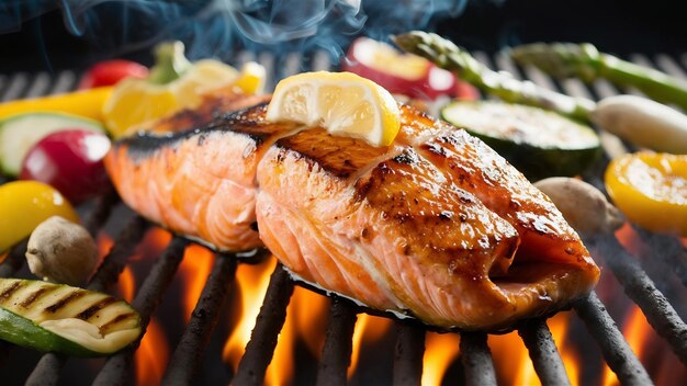 Photo grilled salmon fish with various vegetables on the flaming grill