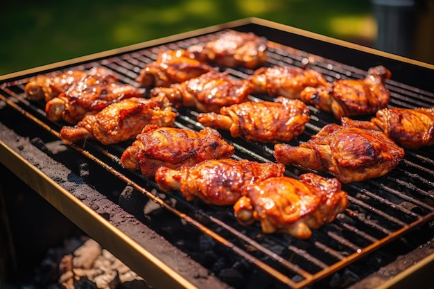 Griller des ailes de poulet avec de la sauce barbecue par une journée ensoleillée créée avec une IA générative