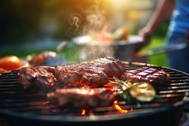 Griller des côtes d'agneau sur une flamme chaude au barbecue le soir et au coucher du soleil
