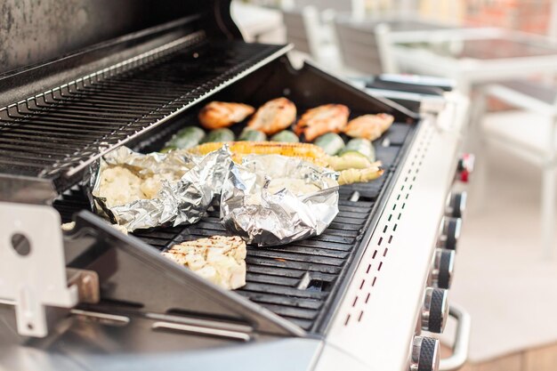 Griller un dîner sain avec du poulet et des légumes biologiques.