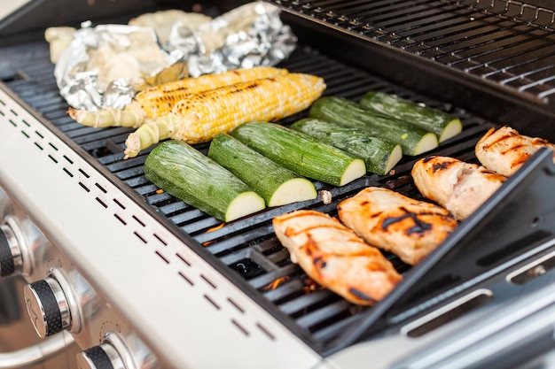 Griller un dîner sain avec du poulet et des légumes biologiques.