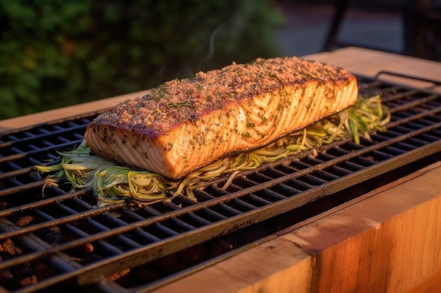 Photo griller avec du mahi mahi sur planche de cèdre et de la fumée créée avec une ia générative