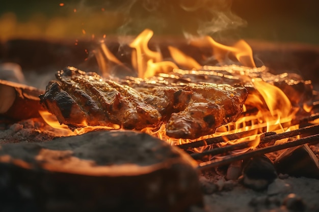 Griller avec un feu en arrière-plan