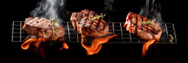 Griller avec une flamme et un morceau de viande dessus