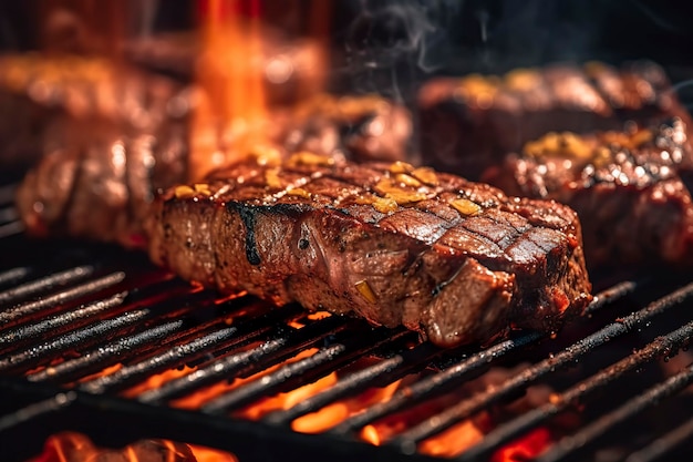 Griller de la viande sur un gril à charbon avec de la fumée qui monte