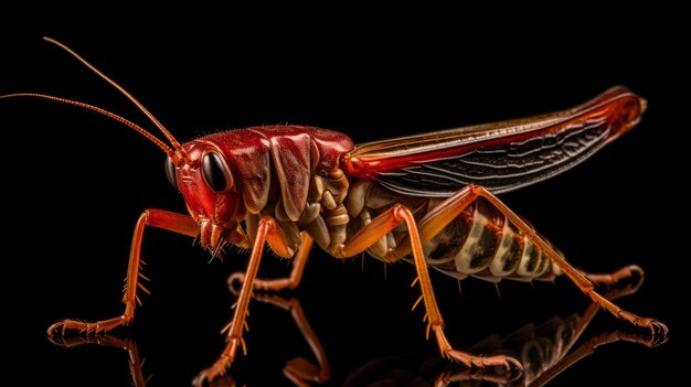 Photo un grillon rouge photoréaliste avec la tête en bas sur un fond noir